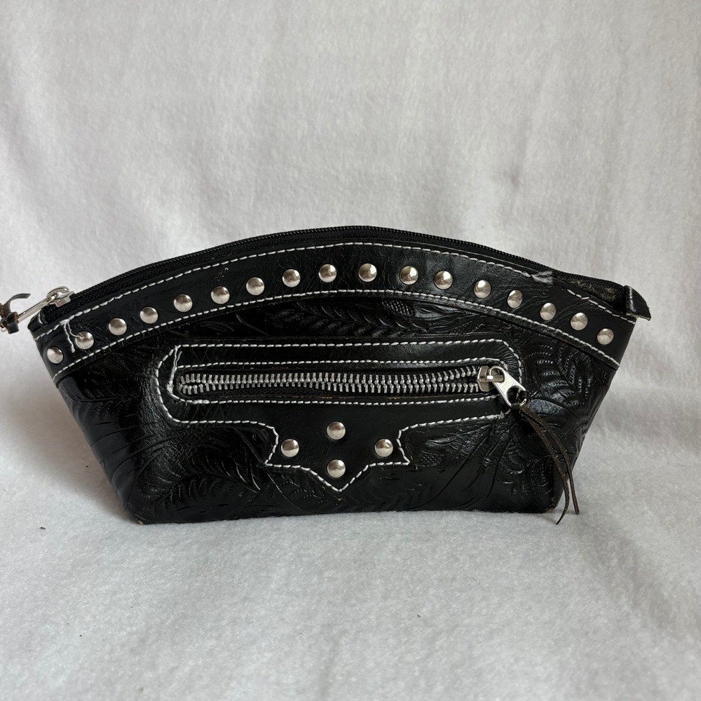 American West Black Tooled Leather Studded Western Cosmetic Bag Clutch
